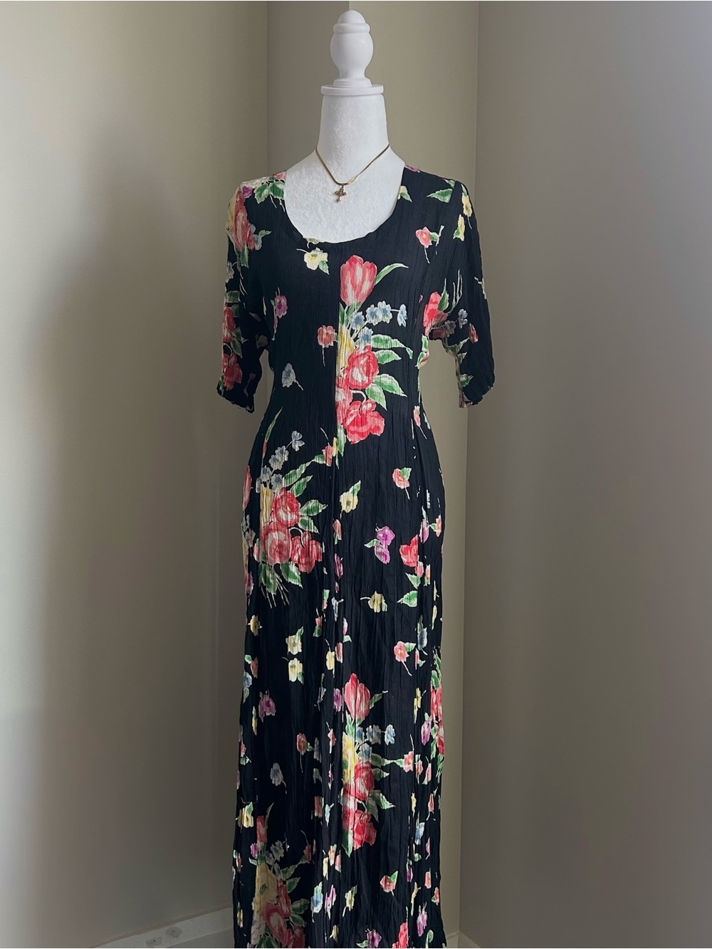 1990's Black Floral Tie Back Maxi Dress